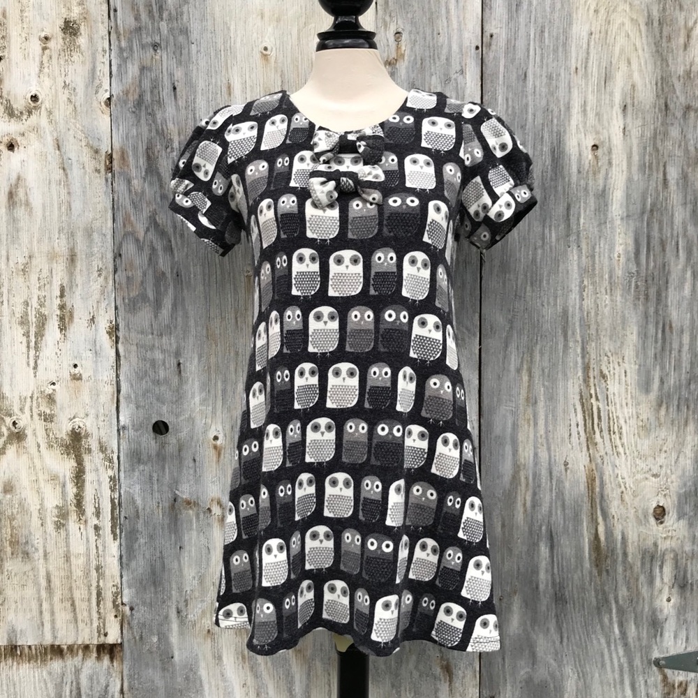 Yumi Grey Owl Print Short Sleeve Jersey Dress